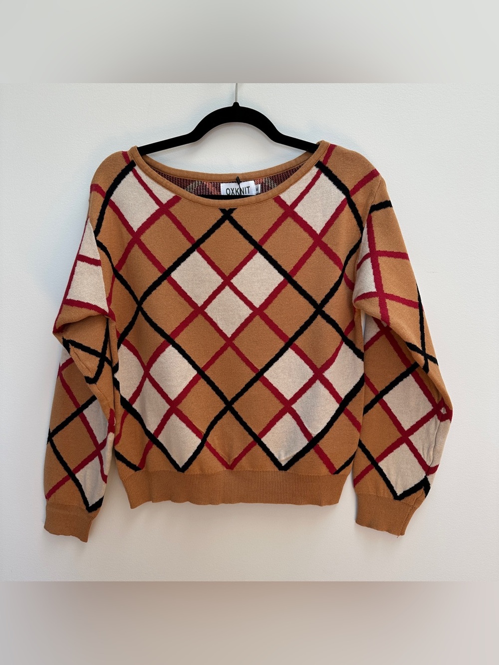 NWT OXKNIT 100% Cotton 60s Style Argyle Knit Sweater Brown Tan Medium